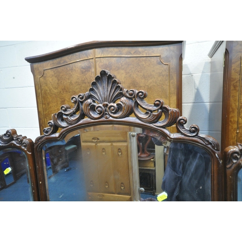 1274 - A 20TH CENTURY QUEEN ANNE STYLE WALNUT FOUR PIECE BEDROOM SUITE, comprising a double door wardrobe, ... 