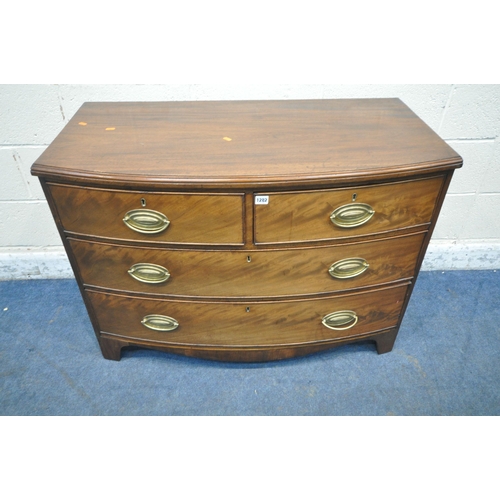 1282 - A GEORGIAN MAHOGANY CHEST OF TWO SHORT OVER TWO LONG DRAWERS, raised on bracket feet, width 107cm x ... 