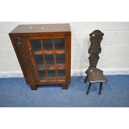 1304 - A 20TH CENTURY OAK BOOKCASE, with a single glazed door, width 69cm x depth 31cm x height 98cm, along... 