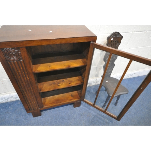 1304 - A 20TH CENTURY OAK BOOKCASE, with a single glazed door, width 69cm x depth 31cm x height 98cm, along... 