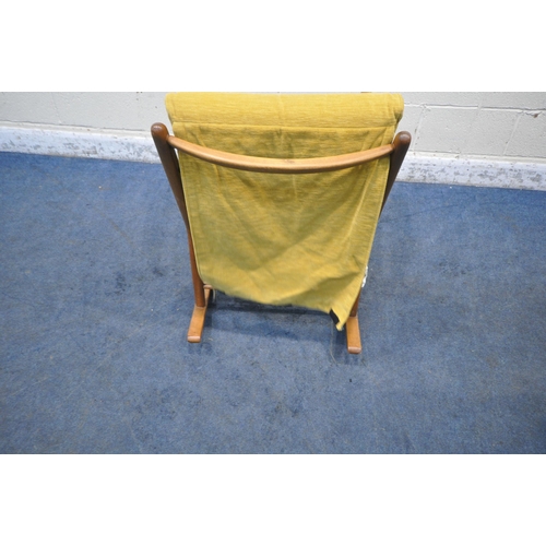 1312 - A MID CENTURY ELM ROCKING CHAIR, with yellow upholstered cushions, width 65cm x depth 86cm x height ... 