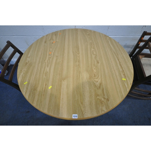 1315 - A MODERN DROP LEAF PEDESTAL TABLE, diameter 107cm x closed width 70cm x  height 76cm, along with a s... 