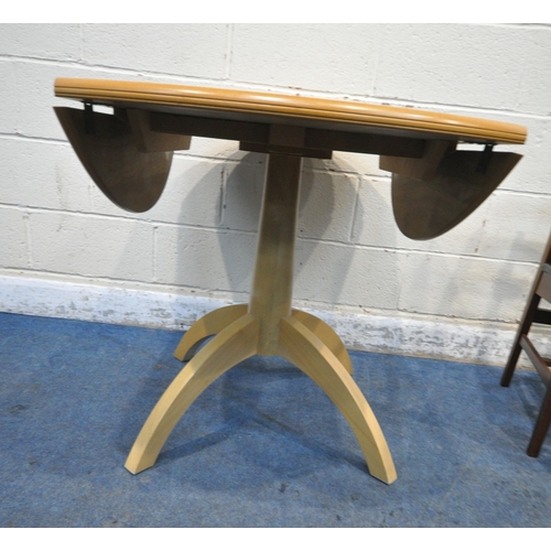 1315 - A MODERN DROP LEAF PEDESTAL TABLE, diameter 107cm x closed width 70cm x  height 76cm, along with a s... 