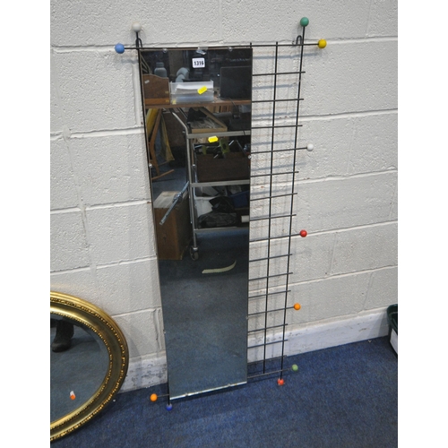 1316 - A WIRE SPUTNIK STYLE WALL MIRROR, 137cm x 59cm, a rectangular wall mirror, and three other mirrors (... 