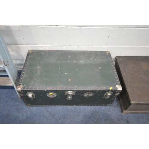 1320 - A LOW WOODEN LIDDED TRUNK, width 122cm x depth 61cm x height 29cm, another trunk, and a set of woode... 