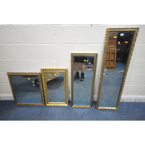 1323 - FOUR GILT FRAME RECTANGULAR WALL MIRRORS, largest 128cm x depth 37cm (condition report: small chips ... 