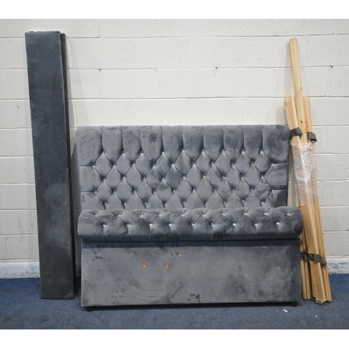 1331 - A MODERN GREY PLUSH VELVET 5FT BEDSTEAD, with side rails, slats and bolts (condition report: marks, ... 