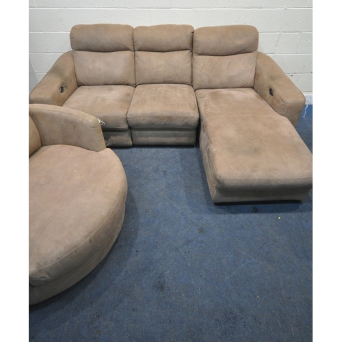 1333 - A LIGHT BROWN SUEDE ELECTRIC RECLINING CORNER SOFA, 228cm x depth 162cm x height 94cm, along with a ... 