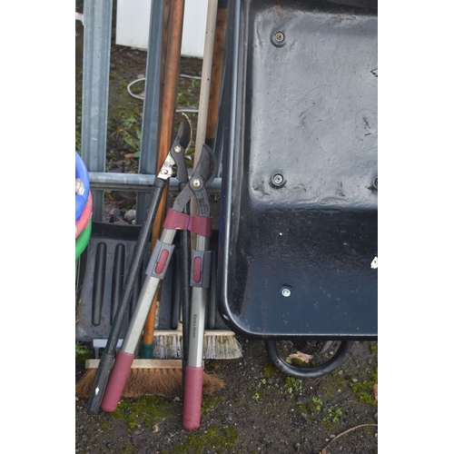 1007 - A METAL WHEELBARROW, six various garden hand tools, and three plastic buckets (11)