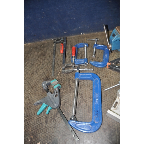 1057 - A SELECTION OF CLAMPS including three Draper G Clamps, three quick bar clamps, a corner clamp, a GS ... 