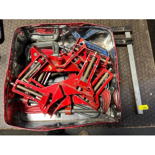 1057 - A SELECTION OF CLAMPS including three Draper G Clamps, three quick bar clamps, a corner clamp, a GS ... 