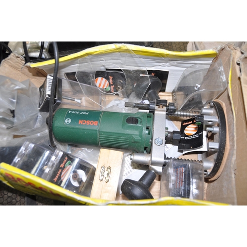 1066 - A SELECTION OF BOXED BOSCH POWER TOOLS, including a POF500A 1/4in router with cutters, a PHO15-82 pl... 