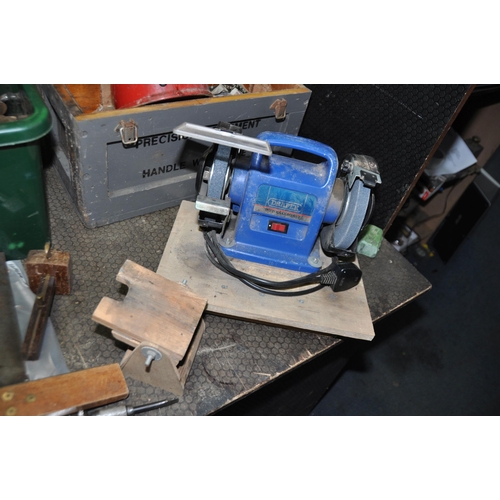 1067 - A DRAPER BENCH GRINDER AND THREE BOXES OF HAND TOOLS including files, hammers, a marking gauge, a 'Y... 