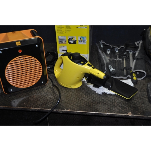 1075 - A COLLECTION OF HAND TOOLS, HEATERS AND CLEANERS including a Karcher Easifix steam cleaner, a JCB  a... 