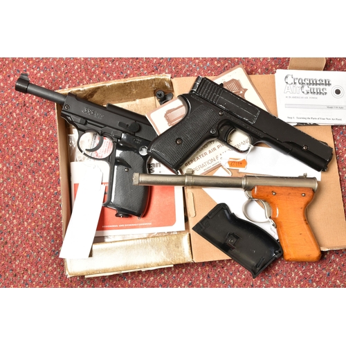 268 - A DIANA MOD 2 .177 AIR PISTOL, A MILBRO MODEL G10 .177 REPEATER AIR PISTOL AND A BOXED CROSMAN 338 C... 