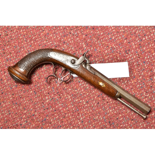 271 - A 19TH CENTURY PERCUSSION PISTOL WITH FISH SCALE CARVED WALNUT GRIP, 17cm octagonal barrel,  with ra... 