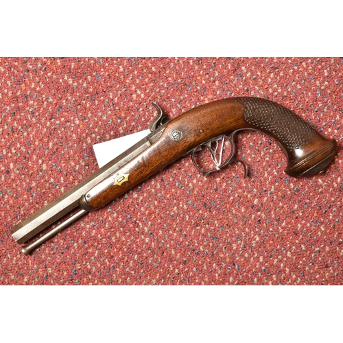 271 - A 19TH CENTURY PERCUSSION PISTOL WITH FISH SCALE CARVED WALNUT GRIP, 17cm octagonal barrel,  with ra... 