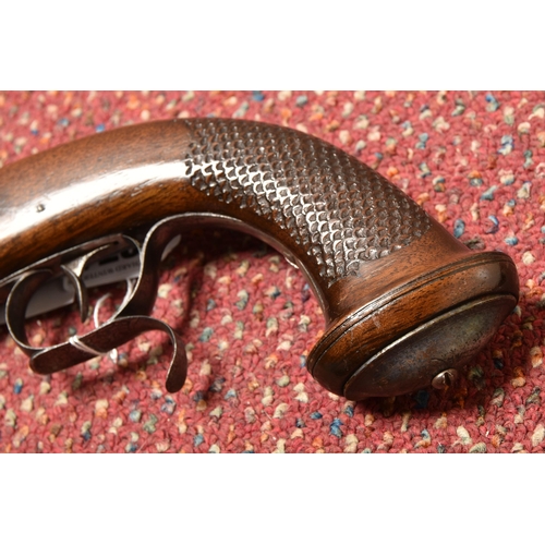 271 - A 19TH CENTURY PERCUSSION PISTOL WITH FISH SCALE CARVED WALNUT GRIP, 17cm octagonal barrel,  with ra... 