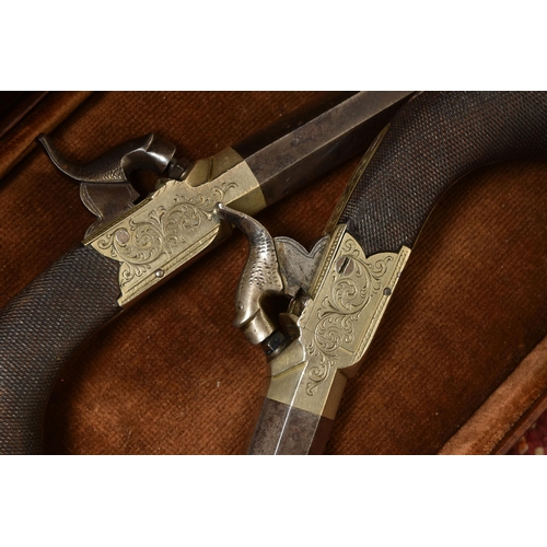 273 - A PAIR OF 19TH CENTURY ENGLISH PERCUSSION POCKET PISTOLS WITH CHEQUERED WALNUT GRIP, 6.5cm octagonal... 