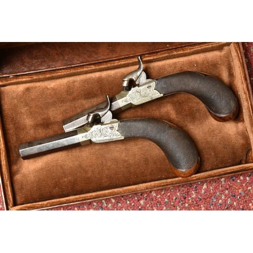 273 - A PAIR OF 19TH CENTURY ENGLISH PERCUSSION POCKET PISTOLS WITH CHEQUERED WALNUT GRIP, 6.5cm octagonal... 