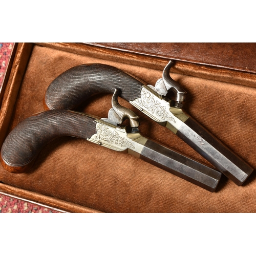 273 - A PAIR OF 19TH CENTURY ENGLISH PERCUSSION POCKET PISTOLS WITH CHEQUERED WALNUT GRIP, 6.5cm octagonal... 