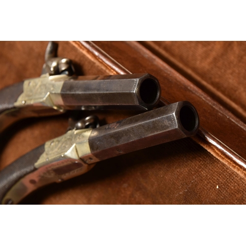 273 - A PAIR OF 19TH CENTURY ENGLISH PERCUSSION POCKET PISTOLS WITH CHEQUERED WALNUT GRIP, 6.5cm octagonal... 