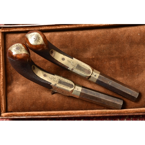 273 - A PAIR OF 19TH CENTURY ENGLISH PERCUSSION POCKET PISTOLS WITH CHEQUERED WALNUT GRIP, 6.5cm octagonal... 