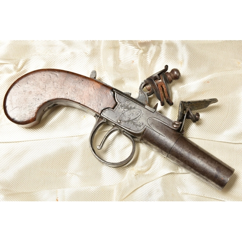 275 - AN EARLY 19TH CENTURY ENGLISH FLINTLOCK POCKET PISTOL BY BRUNN OF LONDON, plain walnut grip, fitted ... 