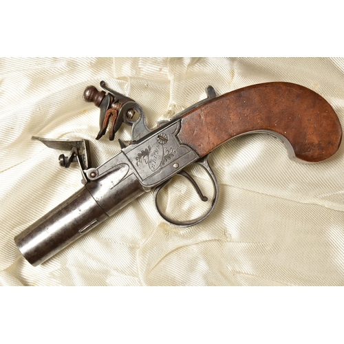 275 - AN EARLY 19TH CENTURY ENGLISH FLINTLOCK POCKET PISTOL BY BRUNN OF LONDON, plain walnut grip, fitted ... 