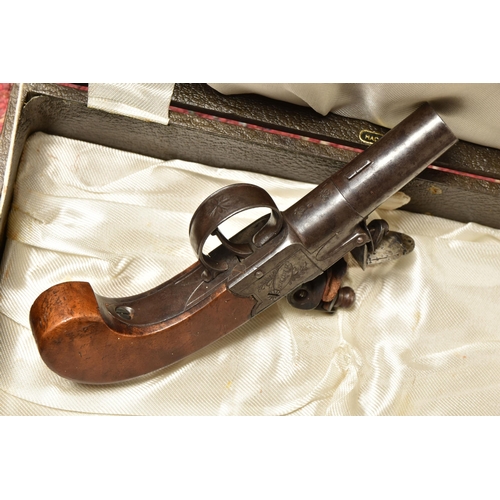 275 - AN EARLY 19TH CENTURY ENGLISH FLINTLOCK POCKET PISTOL BY BRUNN OF LONDON, plain walnut grip, fitted ... 