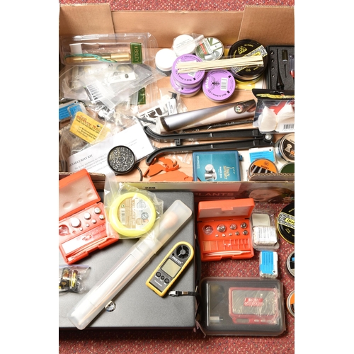 288 - A BOX OF AIR RIFLE SHOOTING ACCESSORIES, including fifteen tins of .22 / .177 pellets, packs of quic... 