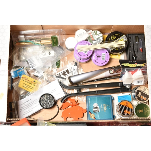 288 - A BOX OF AIR RIFLE SHOOTING ACCESSORIES, including fifteen tins of .22 / .177 pellets, packs of quic... 