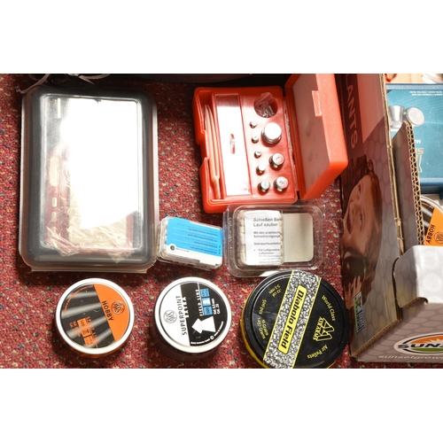 288 - A BOX OF AIR RIFLE SHOOTING ACCESSORIES, including fifteen tins of .22 / .177 pellets, packs of quic... 