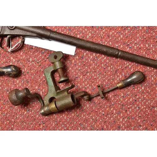 291 - AN EARLY 20TH CENTURY AIR RIFLE, TWO CHILDREN'S GUNS AND TWO 12 BORE CARTRIDGE LOADERS, the air rifl... 