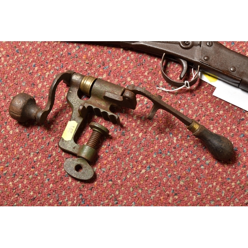 291 - AN EARLY 20TH CENTURY AIR RIFLE, TWO CHILDREN'S GUNS AND TWO 12 BORE CARTRIDGE LOADERS, the air rifl... 