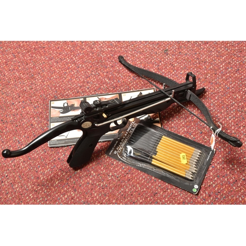 293 - AN AGLO ARMS COBRA SYSTEM CROSSBOW, width of bow 43.5cm, comes with an open pack of twelve 6 1/2 inc... 