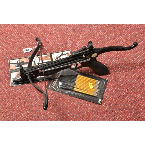 293 - AN AGLO ARMS COBRA SYSTEM CROSSBOW, width of bow 43.5cm, comes with an open pack of twelve 6 1/2 inc... 