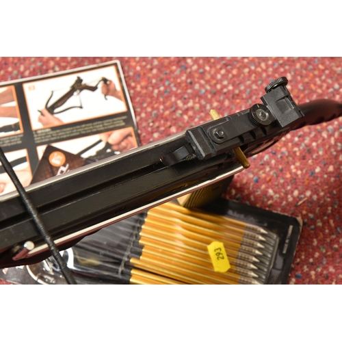 293 - AN AGLO ARMS COBRA SYSTEM CROSSBOW, width of bow 43.5cm, comes with an open pack of twelve 6 1/2 inc... 