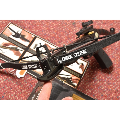 293 - AN AGLO ARMS COBRA SYSTEM CROSSBOW, width of bow 43.5cm, comes with an open pack of twelve 6 1/2 inc... 