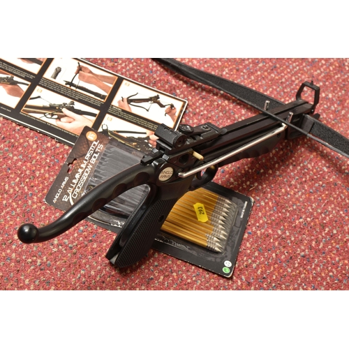 293 - AN AGLO ARMS COBRA SYSTEM CROSSBOW, width of bow 43.5cm, comes with an open pack of twelve 6 1/2 inc... 