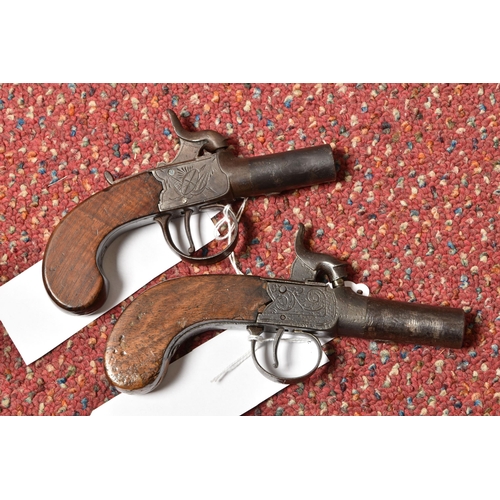 296 - TWO 19TH CENTURY FLINTLOCK POCKET PISTOLS, both with plain walnut grips, one marked Pritchard and fi... 