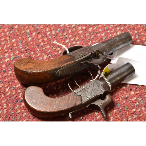 296 - TWO 19TH CENTURY FLINTLOCK POCKET PISTOLS, both with plain walnut grips, one marked Pritchard and fi... 