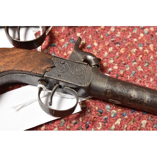 296 - TWO 19TH CENTURY FLINTLOCK POCKET PISTOLS, both with plain walnut grips, one marked Pritchard and fi... 