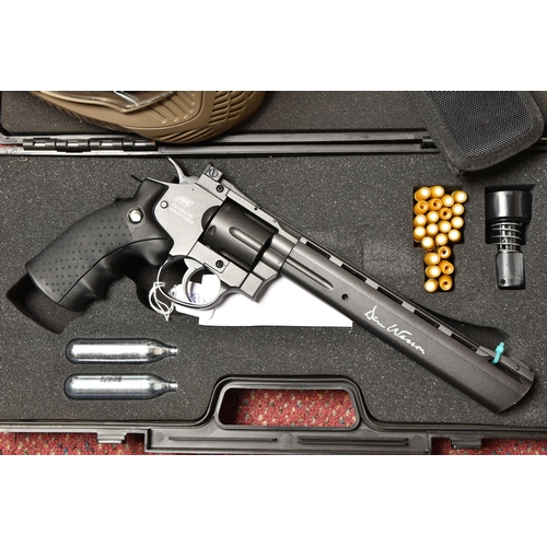 297 - A DAN WESSON 8'' CO2 POWERED 6MM AIRSOFT GUN, in a plastic carrying case, with pellet cannisters, co... 