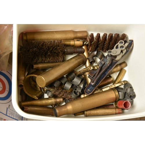 300 - TWO BOXES OF SHOOTING ACCESSORIES AND COLLECTABLES, ETC, including an incomplete boxed Webley gun cl... 