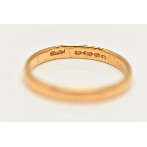 10 - A POLISHED 22CT GOLD BAND RING, approximate band width 2.5mm, hallmarked 22ct Birmingham, ring size ... 