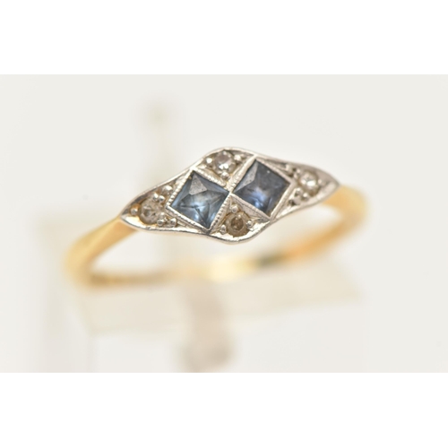 11 - A YELLOW AND WHITE METAL SAPPHIRE AND DIAMOND ART DECO RING, ring head of a lozenge shape set with t... 