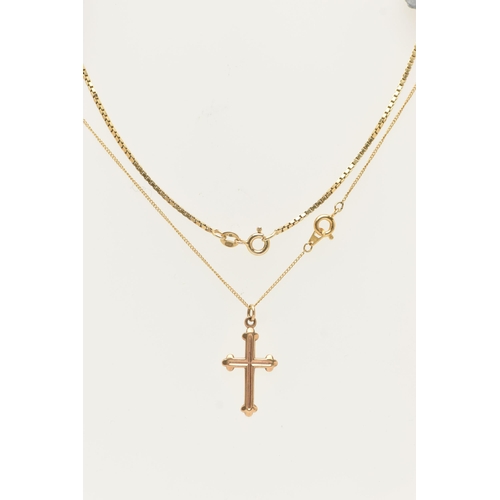 15 - A 9CT GOLD BOX LINK CHAIN, WITH A CROSS PENDANT AND CHAIN, the box link chain fitted with a spring c... 