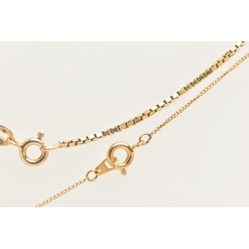 15 - A 9CT GOLD BOX LINK CHAIN, WITH A CROSS PENDANT AND CHAIN, the box link chain fitted with a spring c... 