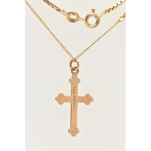 15 - A 9CT GOLD BOX LINK CHAIN, WITH A CROSS PENDANT AND CHAIN, the box link chain fitted with a spring c... 